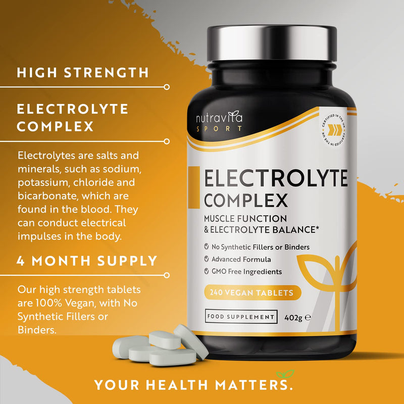 Electrolyte Complex - High Strength Tablets with Added Magnesium, Potassium & Calcium - Muscle Function and Electrolyte Balance - 240 Vegan Tablets - No Synthetic Binders - Made in The UK by Nutravita - BeesActive Australia