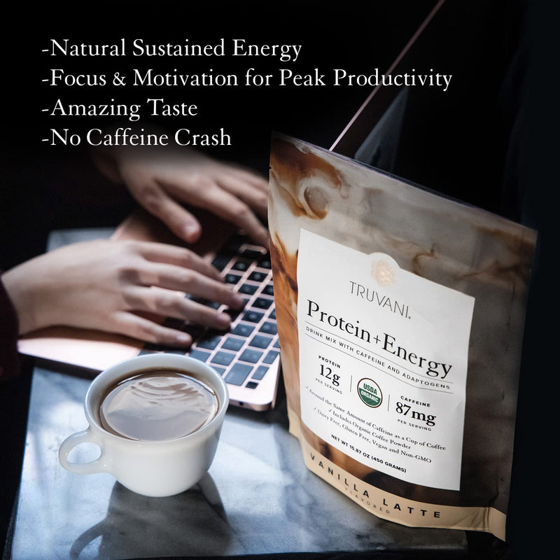 Truvani Protein + Energy Drink Mix with Caffeine & Adaptogens | USDA Certified Organic, Vegan, Non-GMO, & Gluten Free | Vanilla Latte (20 Servings) 20 Servings (Pack of 1) - BeesActive Australia