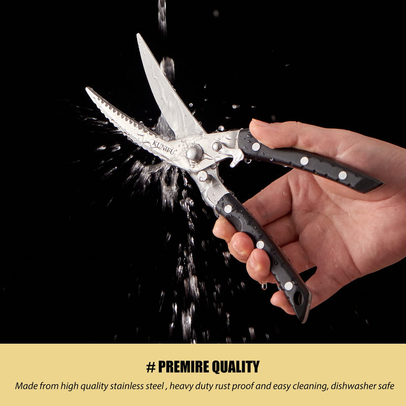 KUNIFU All Purpose Poultry Shears, Full Tang Heavy Duty Blades Kitchen Scissors, Dishwasher Safe and Stainless Cooking Cutter for Food, Chicken, Turkey, Meat, Beef, Bone, Veg, Fish, Herbs, BBQ Black - BeesActive Australia