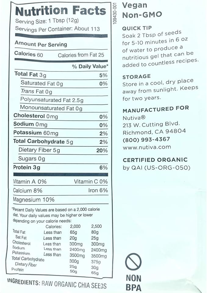 Sale! nutiva Chia Seeds Organic Super Food (Black) 2.9 lbs (1.36 kg) - BeesActive Australia