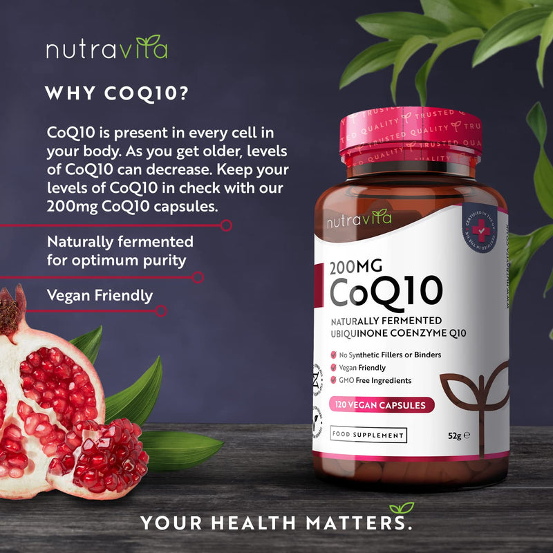 CoQ10 200mg - 120 Vegan Capsules of High Strength Co Enzyme Q10 (4 Months Supply) - 100% Pure and Naturally Fermented Ubiquinone Coenzyme - No Synthetic Additives - Made in The UK by Nutravita 120 Count (Pack of 1) - BeesActive Australia