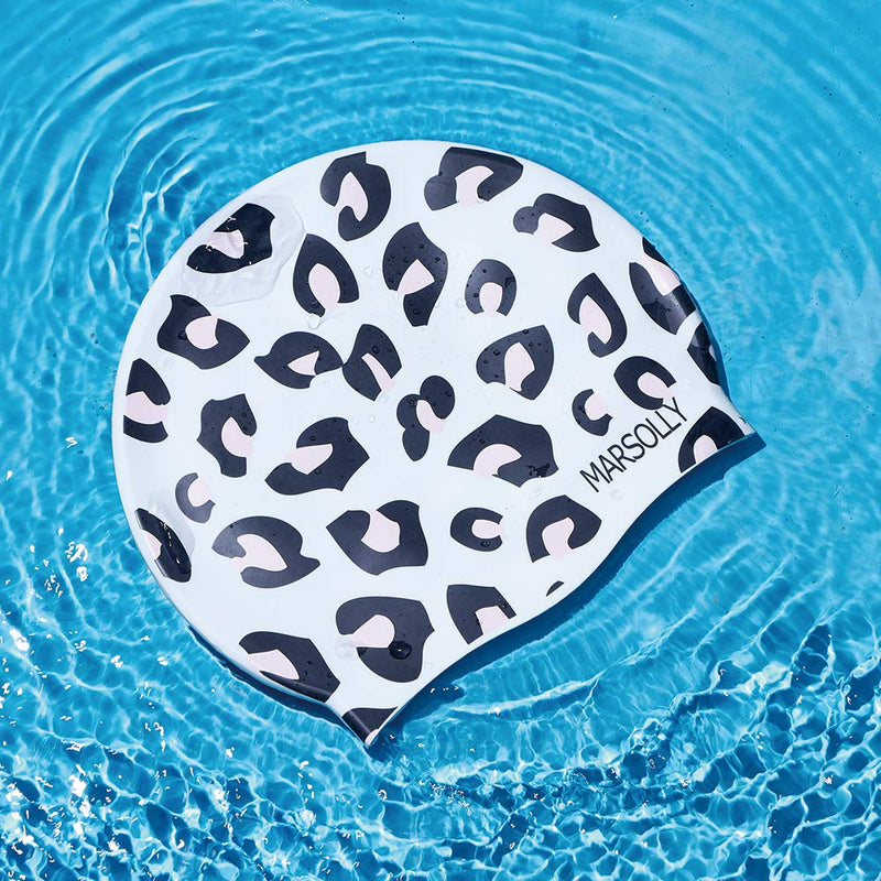 Marsolly Swim Cap Women, Silicone Swimming Cap for Long Hair with Leopard Printed White - BeesActive Australia