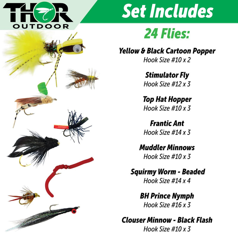 Thor Outdoor 24 Pc Fly Fishing Set for Panfish, Trout, and Bass - Hoppers, Poppers, and Droppers Yellow Poppers - Black Clousers - BeesActive Australia