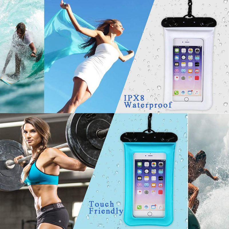 [AUSTRALIA] - PRILAN 2 Pack Universal Waterproof Phone Case with Airbag or Compass Pouch,Floating Phone Bags Swimming Snorkeling,Clear Sensitive PVC Touch Screen,Phone Case Dry Bag for Most Phone 6-6.5 Inches Blue&White 