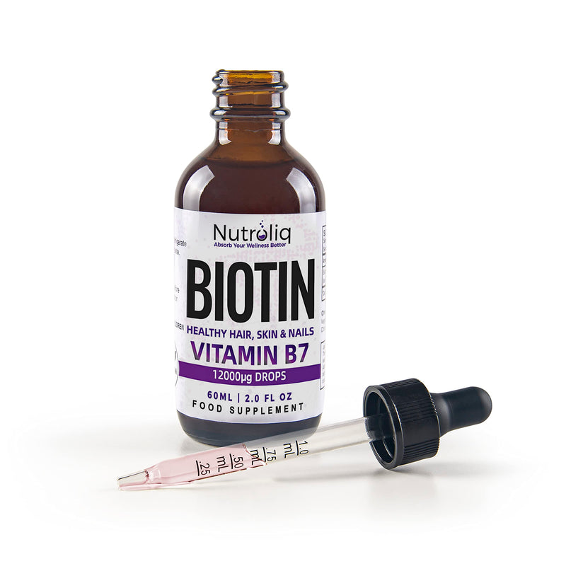 Nutroliq Biotin Liquid Drops - Vegan Vitamin B7 Dietary Supplement for Hair, Nail & Skin Health - Pure 12000mcg Biotin Drops for Hair Growth - Extra Strength Berry-Flavoured Vitamin H Serum - 60 ml - BeesActive Australia