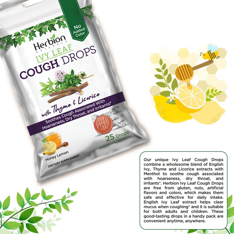 Herbion Naturals Cough Drops with Ivy Leaf and Thyme, Soothes Sore Throat - for Adults and Children 5 Years and Above, 25 Cts - BeesActive Australia