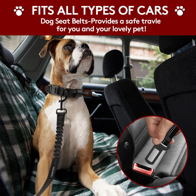 Nzonpet Dog Seat Belt, Retractable Dog Car Seatbelts, Safety Dog Seat Car Harness for Car Travel, Reflective Heavy Duty Pet Seat Belts w/ Stainless Hook and Elastic Bungee Buffer Black - BeesActive Australia