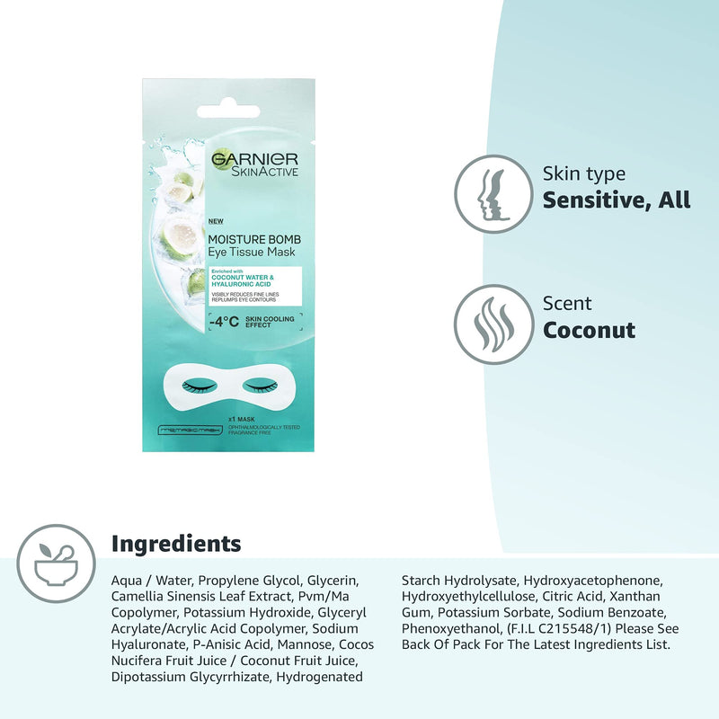 Garnier Moisture Bomb Coconut Water Eye Mask, With Hyaluronic Acid And Coconut Water, Hydrating & Replumping Under Eye Mask, Reduce Appearance of Fine Lines, Biodegradable and Vegan Tissue Mask, 6g Hyaluronic Acid And Coconut Water Tissue Eye Mask - BeesActive Australia
