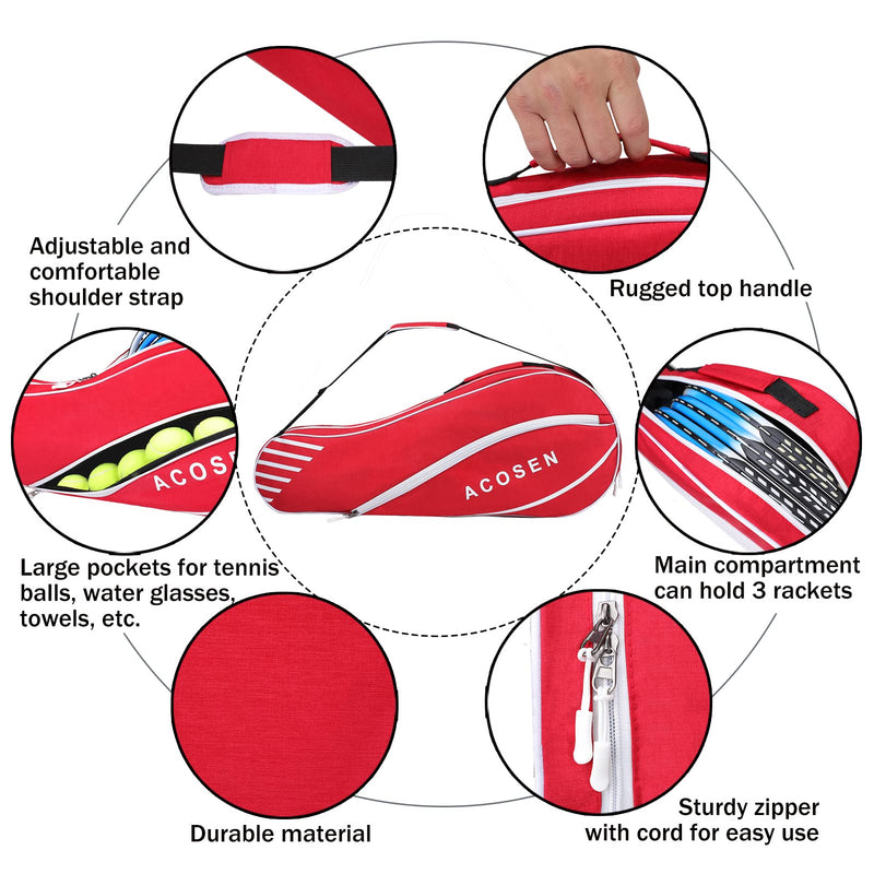 ACOSEN 3 Racquet Tennis Bag - Lightweight Tennis Bags for Women and Men, Tennis Racquet Cover Bag with Protective Pad for Professional or Beginner Tennis Players Red - BeesActive Australia