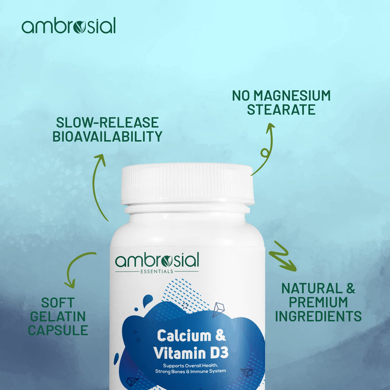 Ambrosial Calcium & Vitamin D Tablets | High Potency Calcium Supplement for Bone Health, Muscles & Teeth | High Strength Calcium Tablets (Pack of 1-60 Softgels) Pack of 1- 60 Softgels - BeesActive Australia