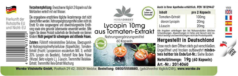 Lycopin with Tomato Extract 10�mg, 60�Capsules Vegi 19�g Pack of 1 | HERBADIREKT by Warnke Vitalstoffe - BeesActive Australia