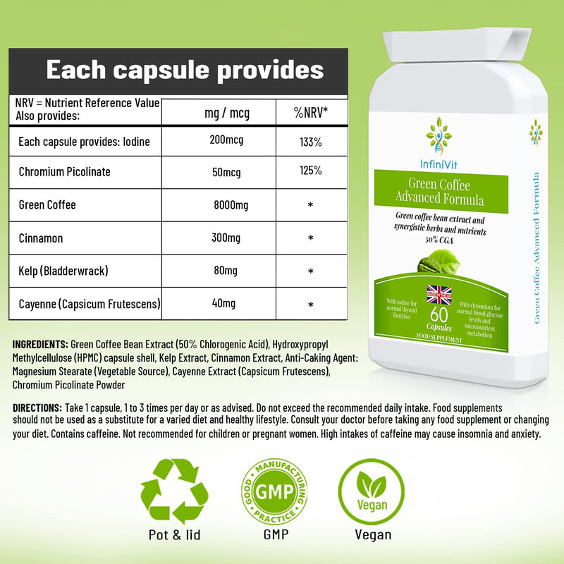 Green Coffee Advanced Formula - 50% Chlorogenic Acid CGA with Cinnamon, Cayenne, Iodine and Chromium - 60 Capsules, Beneficial for Weight Loss, Appetite Control, Energy Level - BeesActive Australia
