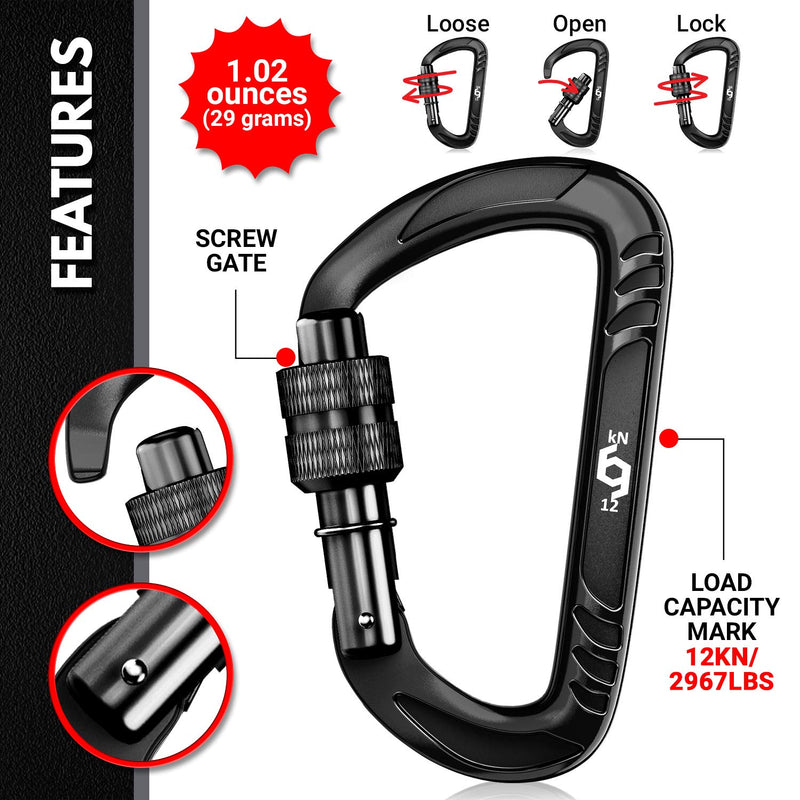 RHINO Produxs 2PCS of 12kN (2697 lbs) Heavy Duty Lightweight Locking Carabiner or Auto Locking Carabiner Clips, for Securing Pets, Outdoor, Camping, Hiking, Hammock, Dog Leash Harness, Keychains, Gym - BeesActive Australia