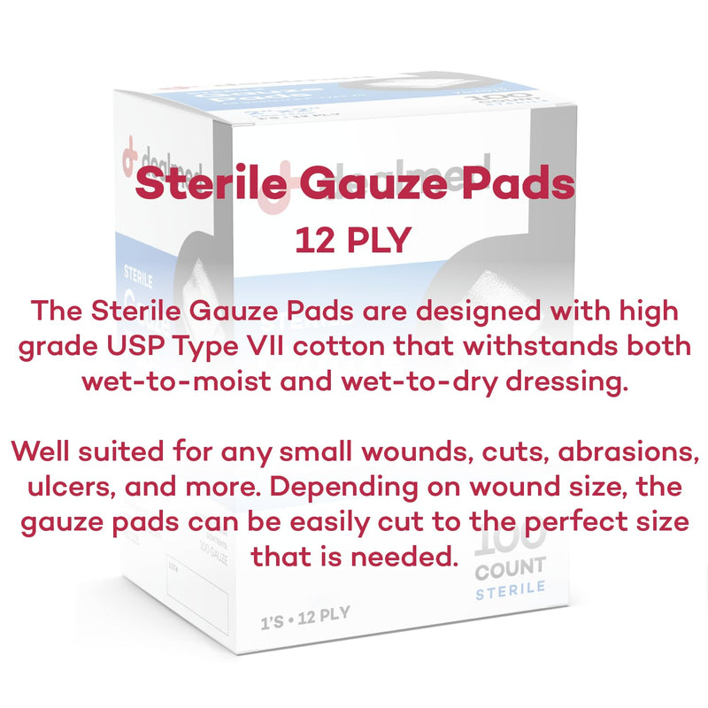 Dealmed Sterile Gauze Pads – 100 Count, 2’’ x 2’’ Disposable and Individually Wrapped Gauze Pads, Wound Care Product for First Aid Kit and Medical Facilities 2x2 Inch (Pack of 100) - BeesActive Australia