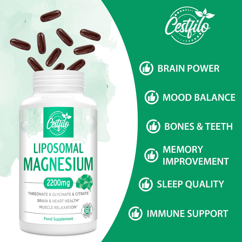 Cestfilo Liposomal Magnesium Complex 2200mg-Liposomal Complex High Potency Magnesium Threonate, Magnesium Glycinate, Magnesium Citrate, Powerful Supplement, Gluten Free, 60 softgels. 60 Softgels(pack of 1) - BeesActive Australia
