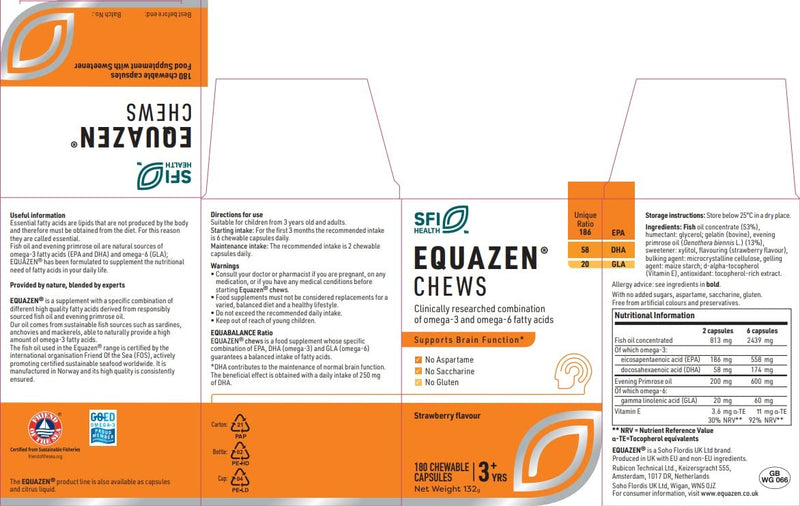 EQUAZEN Chews | Omega 3 & 6 Supplement | Blend of DHA, EPA & GLA | Supports Brain Function | Suitable for Children from 3+ to Adults | 180 Strawberry Flavoured Chews 180 Count (Pack of 1) - BeesActive Australia