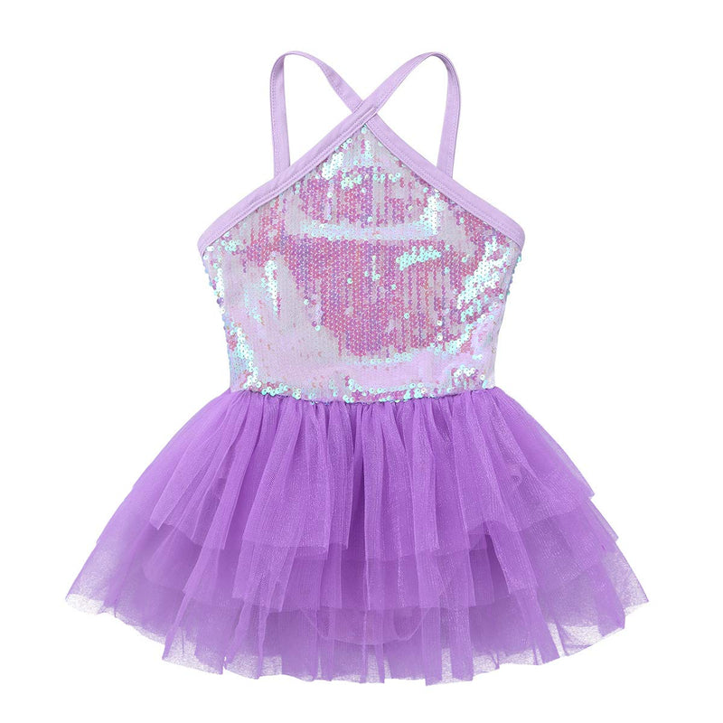 [AUSTRALIA] - MSemis Kids Girls Criss Cross Back Sequins Camisole Ruffles Tutu Skirts Lyrical Dance/Ballet/Activewear Dress Lavender 3 / 4 