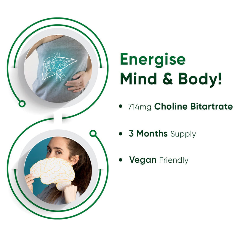 Choline Supplement 714mg - 3 Months Supply (180 Vegan Choline Capsules) - Choline Bitartrate (Choline Inositol Tablets Alternative) for Greater Absorption - High Strength Vegan Liver Supplement - BeesActive Australia
