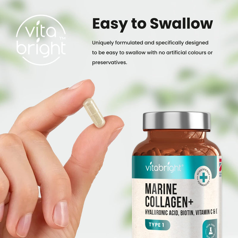Marine Collagen Capsules 1000mg - 120 Capsules - 9 Powerful Skin Supporting Nutrients - Type 1 Hydrolysed Pure Marine Collagen with Hyaluronic Acid - Marine Collagen Supplement by VitaBright - BeesActive Australia