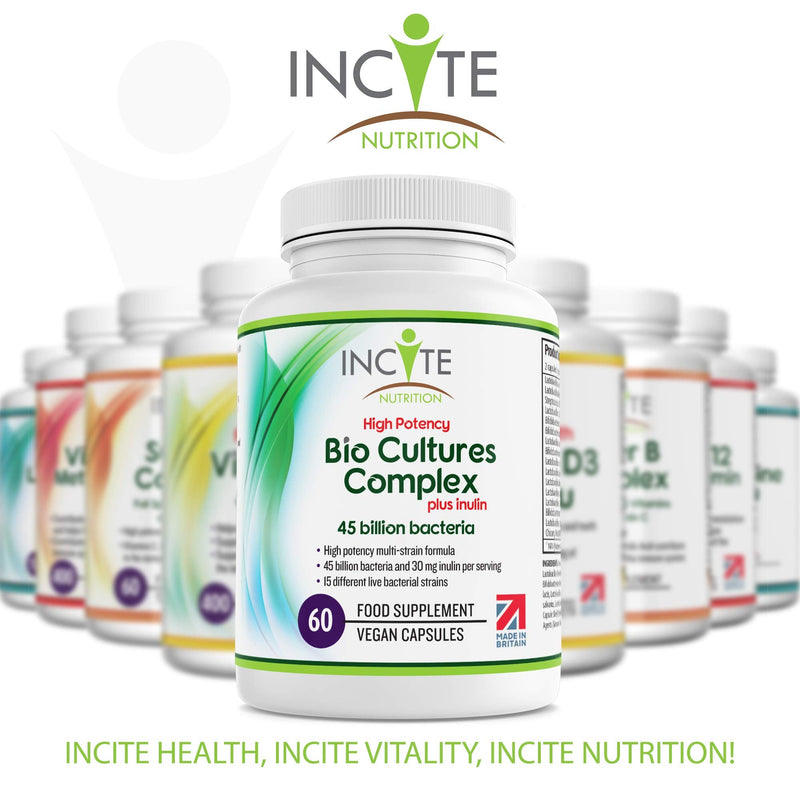 Bio Cultures Complex 45 Billion CFU with 30mg of Inulin Friendly Bacteria 60 Premium High Strength Vegan Capsules 15 Bacteria Strains Suitable for Vegans Vegetarians Made in The UK (45 Billion CFU) - BeesActive Australia