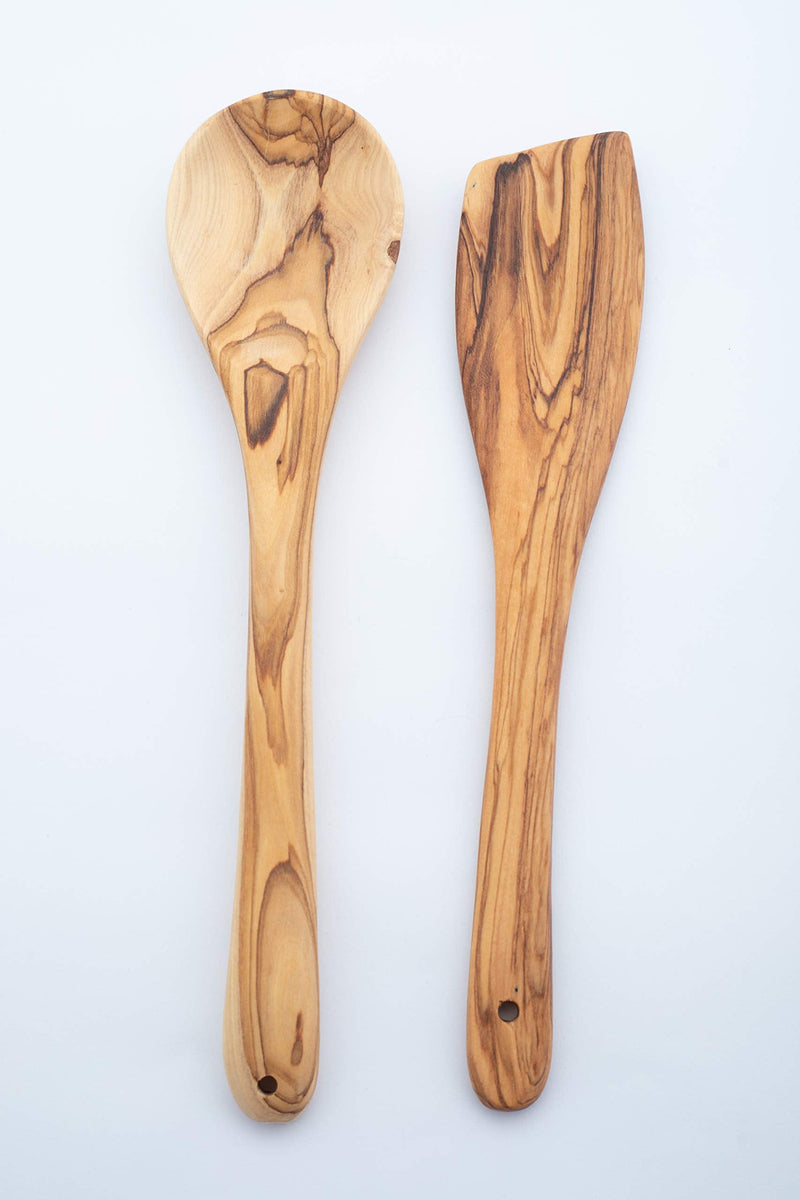 Handcrafted Olive Wood Cooking Spoon & Spatula (10 Inch Set of 2 Pieces) Carved by Talented Artists in Israel, Practical Wooden Utensils Last for So Long, Resistant of Scratch 10 Inch - BeesActive Australia