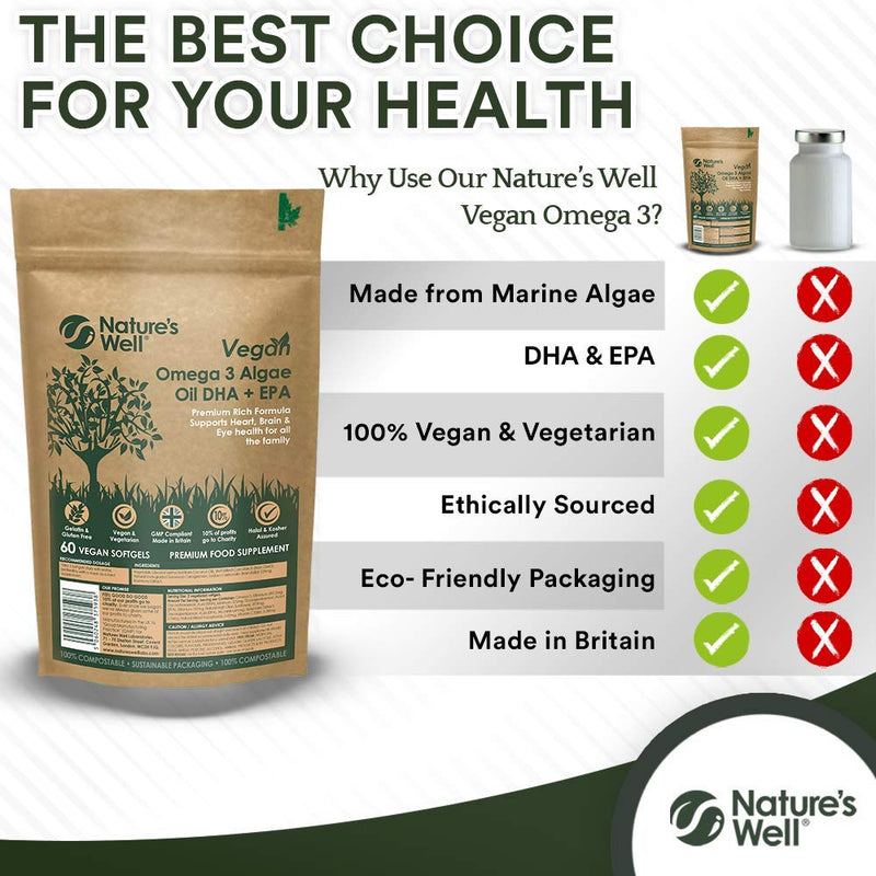 Vegan Omega 3 Algae Oil DHA + EPA, High Concentrate, 60 Vegetarian Capsules, from Sustainable Plant Based Alternative to Fish Oils, Halal & Kosher � Made in The UK by Nature�s Well (Pouch) - BeesActive Australia