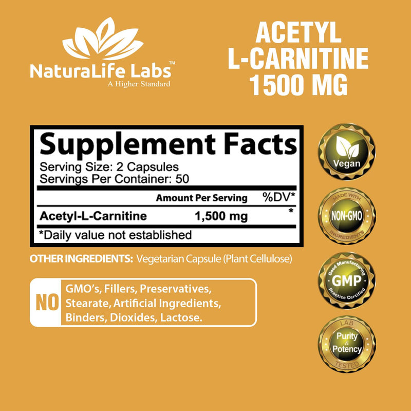 Acetyl L-Carnitine 1,500 mg High Potency Supports Natural Energy Production, Sports Nutrition, Supports Memory/Focus - 100 Veggie Capsules - BeesActive Australia