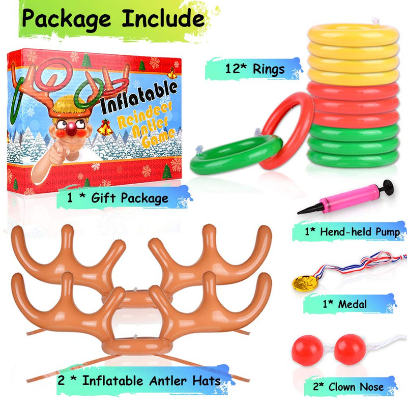 [AUSTRALIA] - 2 Set Inflatable Reindeer Antler Game (2 Reindeer Antler Hat with 12 Ring Toss, 2 Red Reindeer Nose, 1 Medal and 1 Hand-held Pump) Great Family Christmas Party Games 