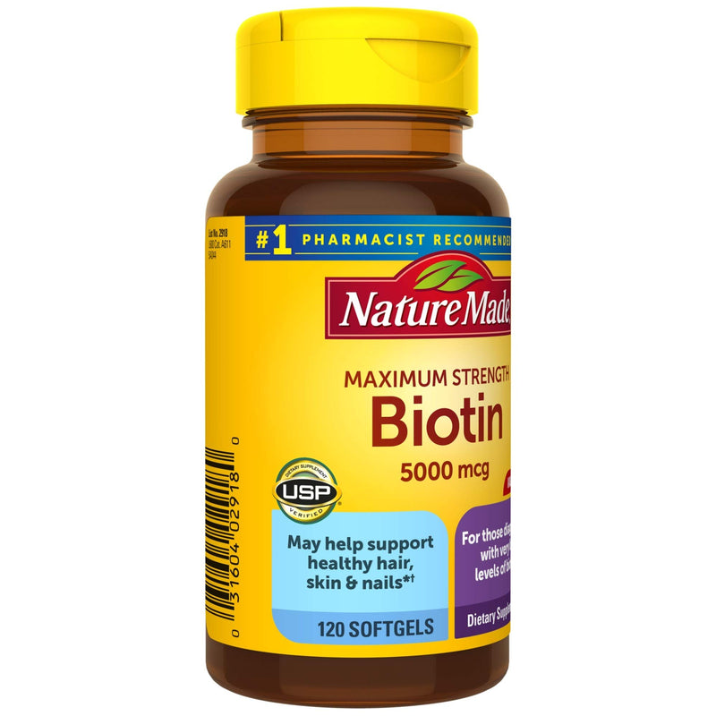 Nature Made Maximum Strength Biotin 5000 mcg Softgels, 120 Count Value Size for Supporting Healthy Hair, Skin and Nails 120 Count (Pack of 1) - BeesActive Australia