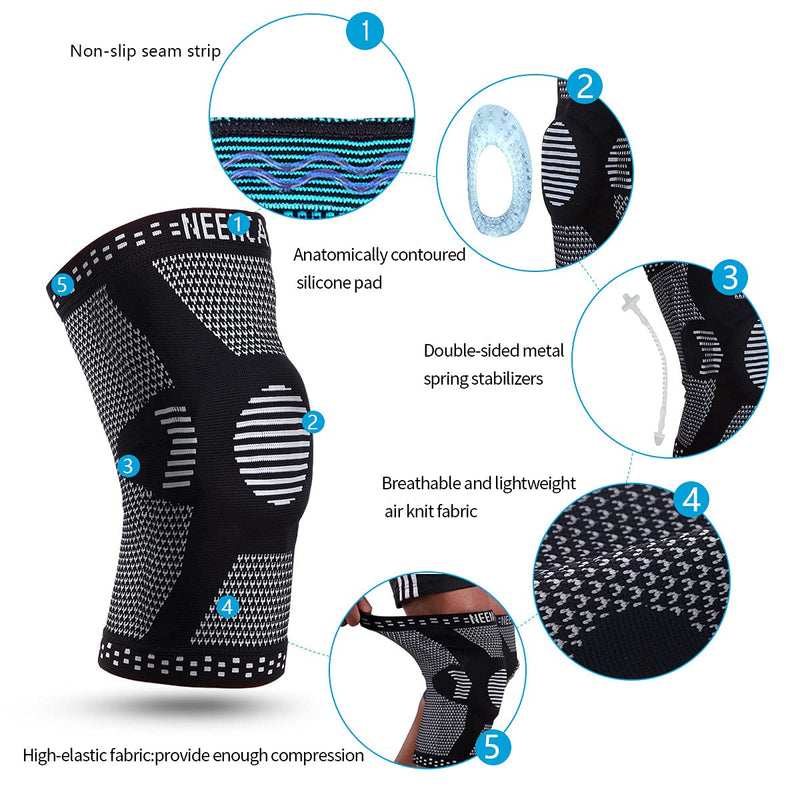 NEENCA [2 Pack] Knee Brace, Knee Compression Sleeve Support with Patella Gel Pad & Side Spring Stabilizers, Medical Grade Knee Protector for Running, Meniscus Tear, Arthritis, Joint Pain Relief, Sport Black (pack of 2) Medium - BeesActive Australia