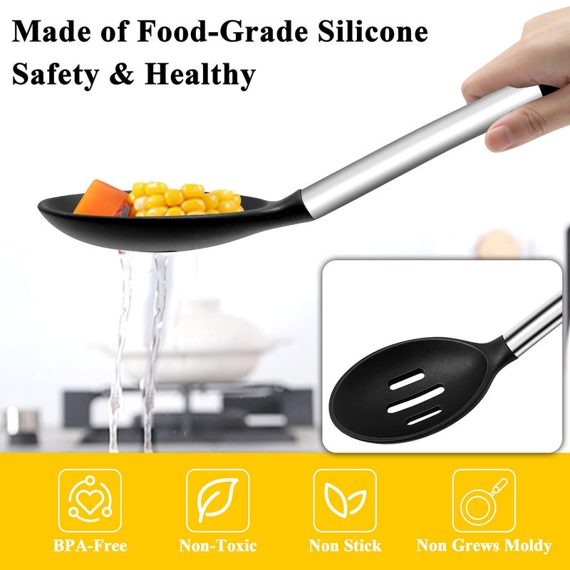 Silicone Cooking Spoons, Large Heat Resistant Silicone Pasta Slotted Spoon Solid Spoon for Nonstick Cookware, BPA Free Black Silicone Kitchen Spoons Dishwasher Safe for Cooking Mixing Serving, 3 Pack 13 inch silicone cooking Spoons - BeesActive Australia