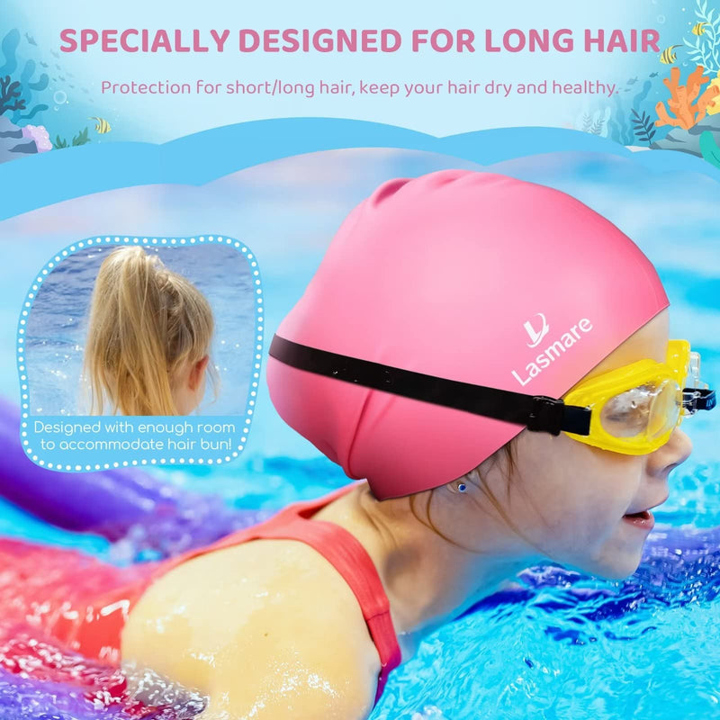 Kids Long Hair Swim Cap for Girls Boys, 3 Size Silicone Swimming Cap for Age 1-15 Toddler Children Teens, Waterproof Swim Hats Bathing Caps with Ear Plugs & Nose Clip to Keep Hair Dry Pink Age 3-8 - BeesActive Australia