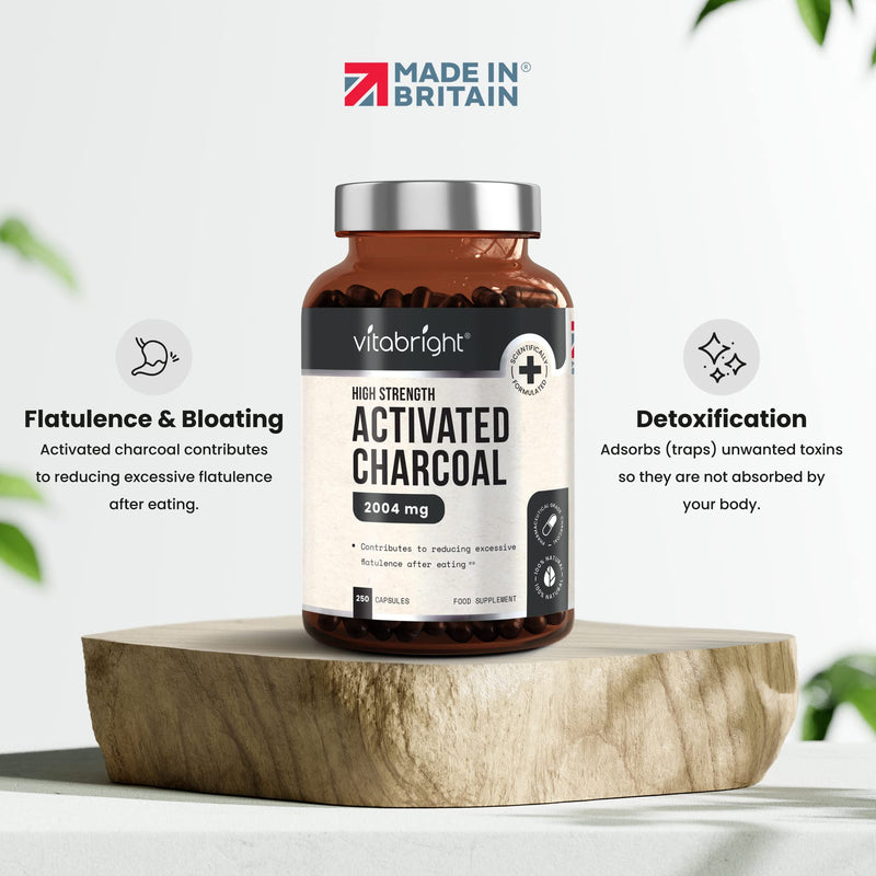 Activated Charcoal Capsules - 250 Capsules - 2004mg per Serving of 6 Capsules - from Natural Coconut Shell - for Indigestion, Bloating, Excessive Flatulence, Gas - Vegan - Made in UK by VitaBright - BeesActive Australia