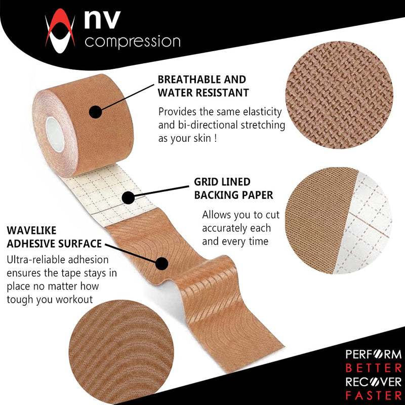 NV Compression Kinesiology Tape | 5m Roll of Elastic Muscle Support Tape for Exercise, Sports & Injury Recovery (Beige) Beige - BeesActive Australia