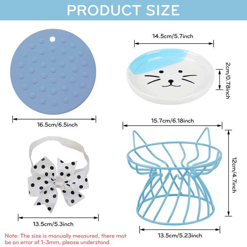 Dorakitten Elevated Cat Ceramic Bowls: Raised Cat Food Bowl, Cute Cat Feeder Bowl Stand, Food & Water Anti Vomiting Shallow Ceramic Cat Dish, with Non-Slip Mat Pet Bowl for All Cat Blue - BeesActive Australia