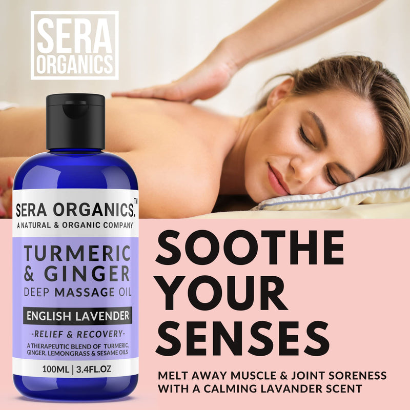 Turmeric & Ginger Massage Oil - Natural Ginger Oil Therapy For Lymphatic Drainage, Nerve, Muscle & Joint Discomfort Relief, Warming Relaxing & Soothing Massage - With Lavender (100ml) By Sera Organics 100 ml (Pack of 1) - BeesActive Australia
