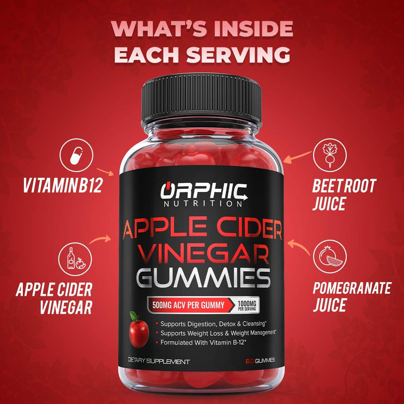 Apple Cider Vinegar Gummies - 1000mg - Formulated to Support Weight Loss Efforts & Gut Health* - Supports Digestion, Detox & Cleansing* - ACV Gummies W/VIT B12, Beetroot & Pomegranate (60 Gummies) 60 Count (Pack of 1) - BeesActive Australia
