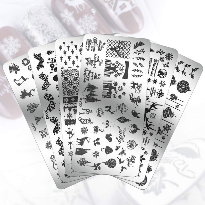 6pcs Chritmas Nail Stamping Plates, Akwox Nail Art Stamping Template, Snowflake Santa Claus Christmas Tree Stocking manicuring Print DIY Image Nail Stampe Plate - BeesActive Australia