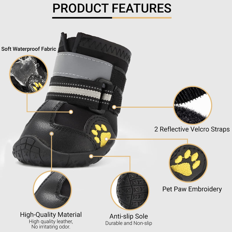 Ace Row Dog Boots | Dog Booties with Anti-Slip Sole | Waterproof and Reflective Dog Snow Boots | Safe, Protective, and Comfortable Dog Rain Boots | 4PCS/Set Black Size 5: (2.7"x2.4")(L*W) For 40-55 lbs - BeesActive Australia