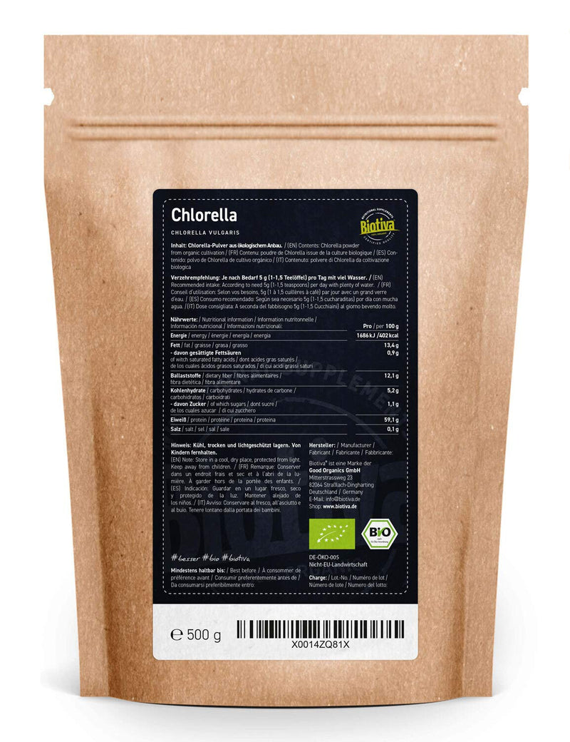 Biotiva Chlorella Powder Organic 500g - Chlorella Vulgaris - Algae - Packed and Controlled in Germany (DE-ECO-005) - BeesActive Australia