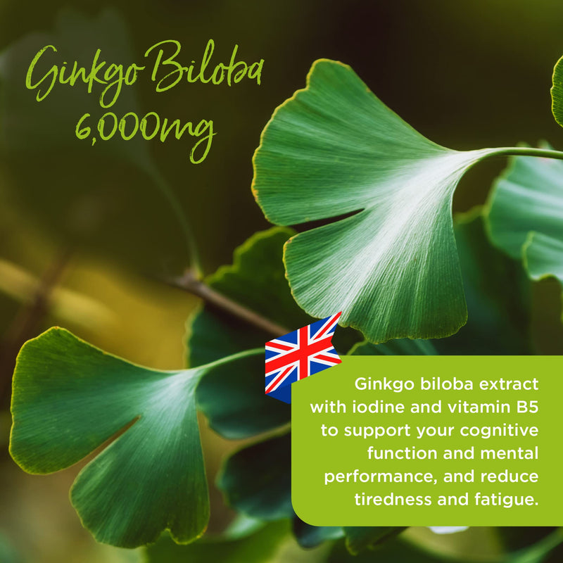 Healthspan Ginkgo Biloba 6,000mg | High Strength | 180 Tablets | Iodine | Vitamin B5 | Flavone Glycosides | Vegan - BeesActive Australia