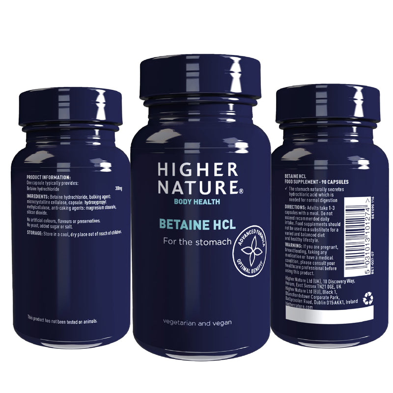 Higher Nature - Betaine HCL - for Healthy Digestion - Betaine Hydrochloride Capsules - Vegetarian & Vegan - 90 Capsules - BeesActive Australia