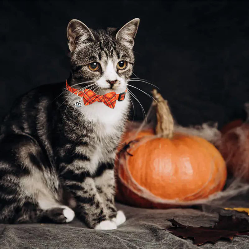Thanksgiving Breakaway Cat Bowtie Collar with Bell Turkey Printing Plaid Cute Fall Kitten Accessories for Cat Puppy, Pack of 2 Turkey & Plaid - BeesActive Australia
