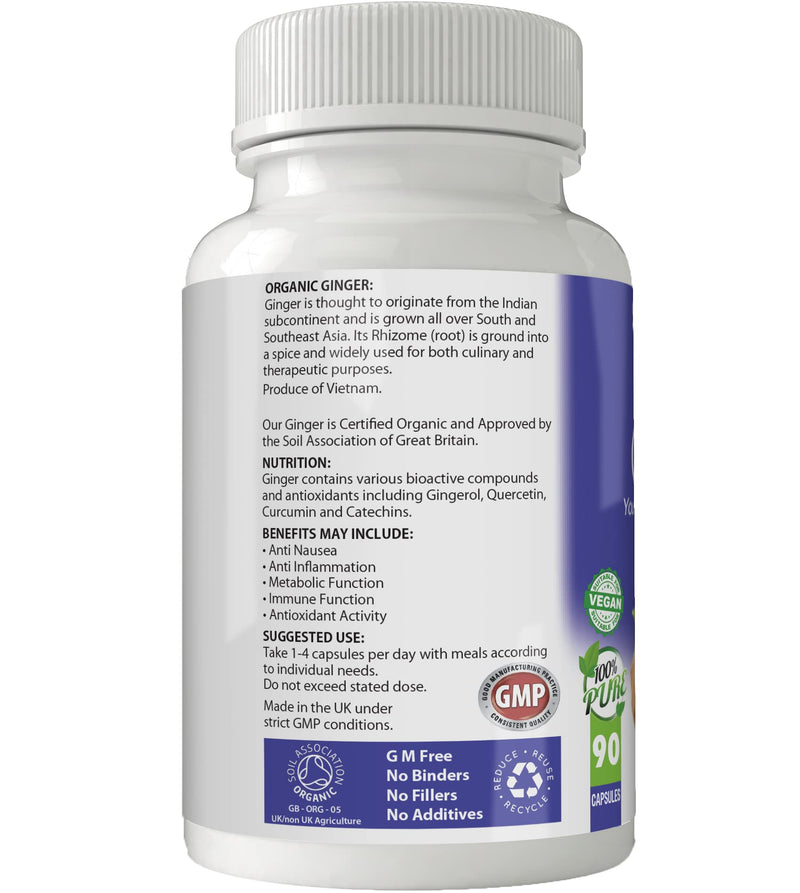 Simply Pure Organic Vegan Ginger Capsules x 90, 500mg, 100% Natural Soil Association Certified, Gluten Free and GM Free - BeesActive Australia