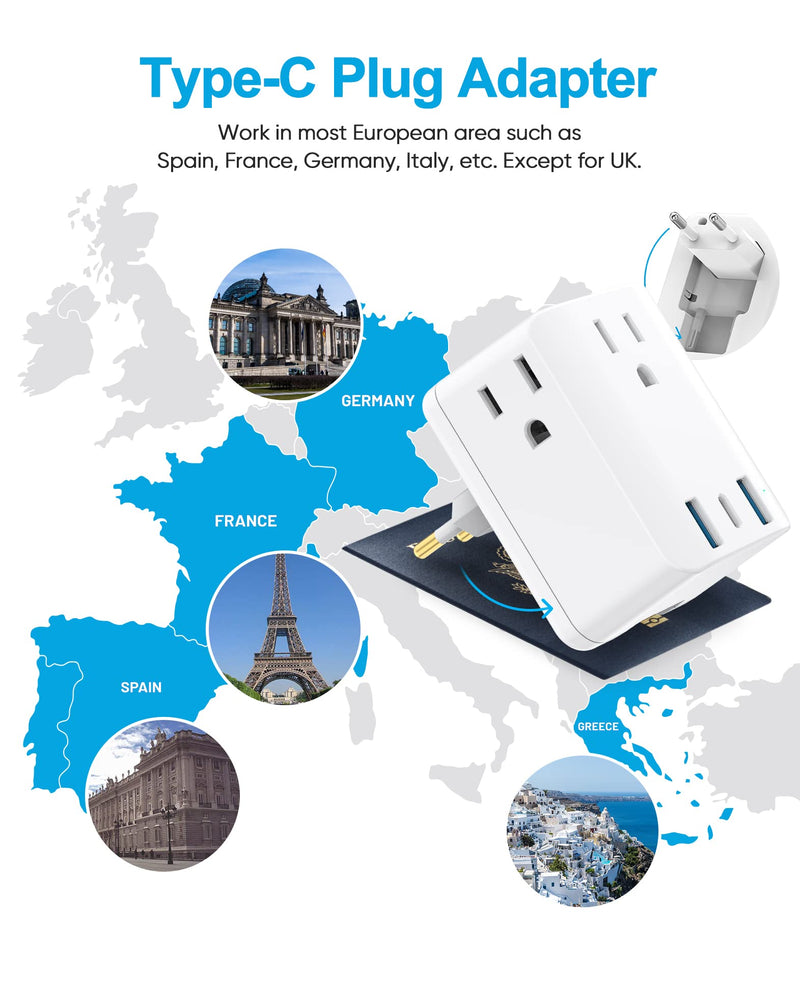 European Travel Plug Adapter,Foldable 4AC International Power Plug Adapter with USB C, Type C Outlet Adaptor Charger for US to Most Europe EU Iceland France Germany Spain Italy Travel FD3AC-1PC - BeesActive Australia