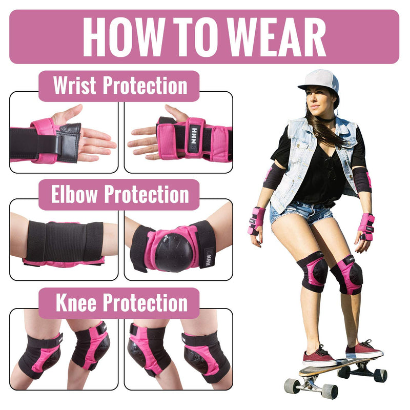 NHH Skateboard Knee Pads Set - 6 In 1 Protective Gear Set Knee Pads Elbow Pads and Wrist Guards for Kids Youth Adults Men and Women (Pink, Medium) Pink - BeesActive Australia