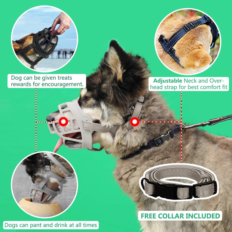 Dog Muzzle, Soft Silicone Basket Muzzle for Dogs, Allows Panting and Drinking, Prevents Unwanted Barking Biting and Chewing, Included Collar and Training Guide 3 (Snout 9¾-11") Grey - BeesActive Australia