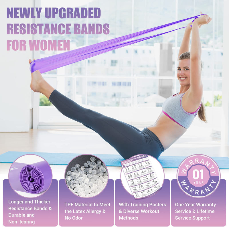 Resistance Bands for Physical Therapy Women, Extended 5.9Ft Exercise Stretch Bands for Yoga, Pilates, Rehab, Fitness and Strength Training, Elastic Workout Bands with Training Poster Purple - BeesActive Australia