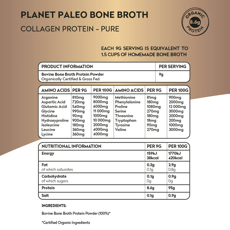 Bone Broth Powder (225g, 25 Servings) | Pure, Unflavoured | Organic, Grass Fed, High Protein, Versatile & Nutrient-Dense - Tissue Recovery, Gut Health, Hair, Skin and Nails - BeesActive Australia