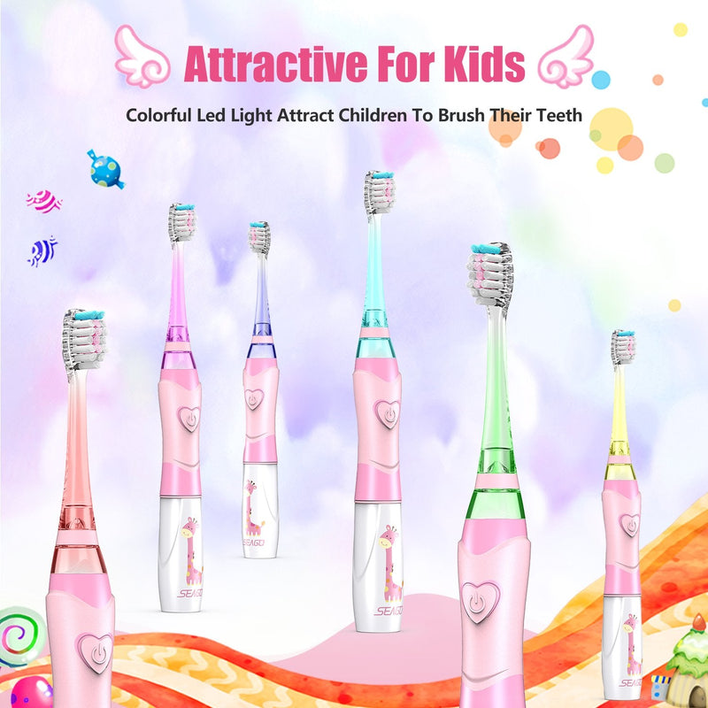 Dada-Tech Kids Electric Toothbrush, Sonic Childrens Battery Powered Soft Tooth Brush with Timer for Junior Boys and Girls Ages 2+, Rainbow Flashing LED Light, Waterproof, 3 Brush Heads (Pink) Pink - BeesActive Australia